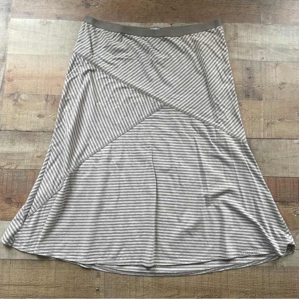 J.Jill  A-Line Striped Maxi Skirt Taupe Beige Elastic Waist X-LARGE 100% Cotton